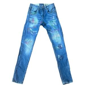 Industrial Indigo Medium Wash Skinny Men's W28 L31 Jeans Distressed Color Patch